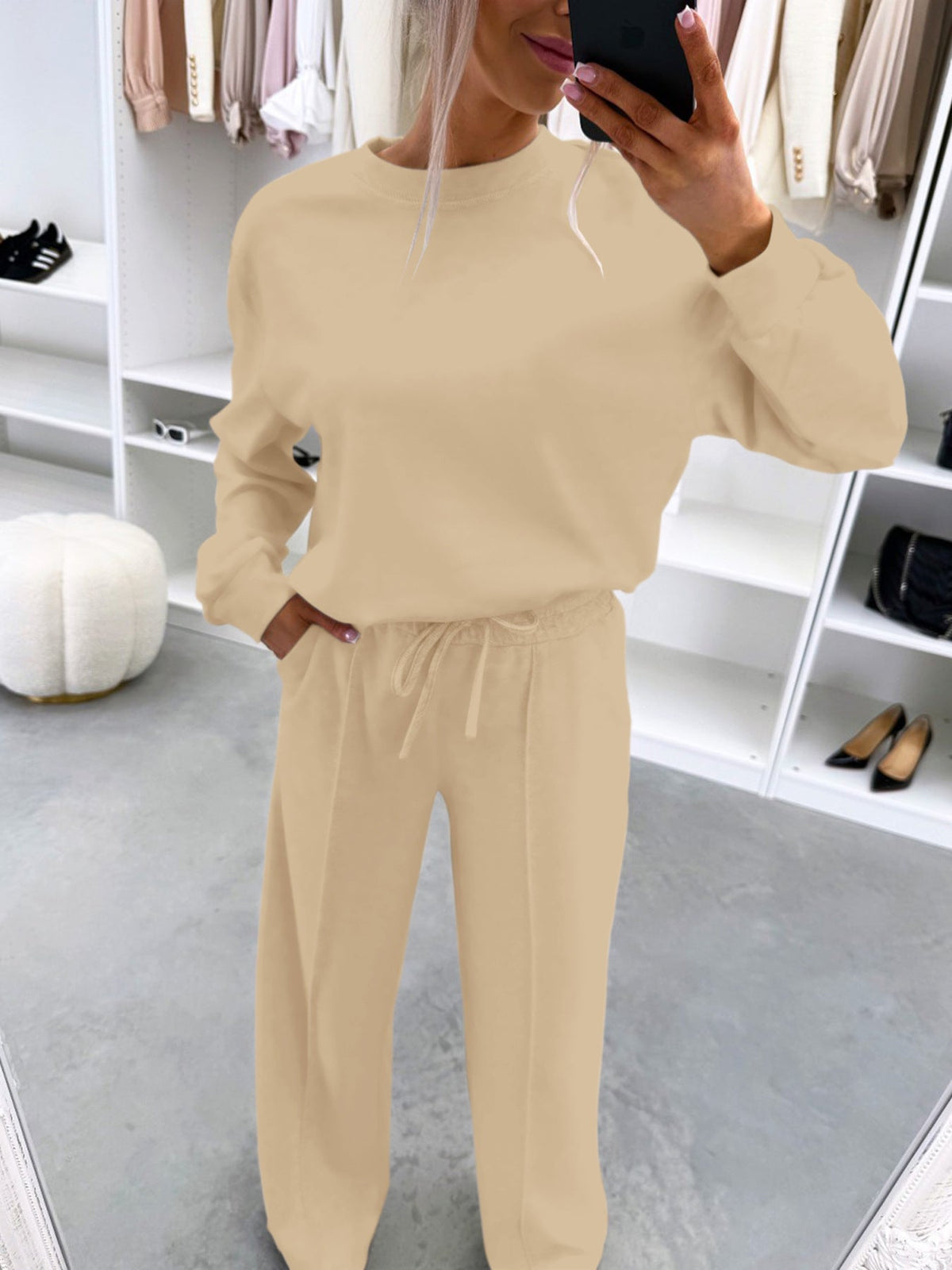 Women's Casual Loungewear Set with Oversize Batwing Sweater and Wide Jersey Pants