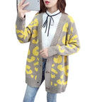 Women's Chunky Knit Cardigan with Leopard Print and Large Buttons