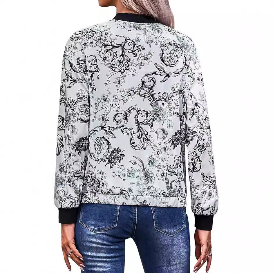 Women's Floral Bomber Jacket with Elastic Cuffs