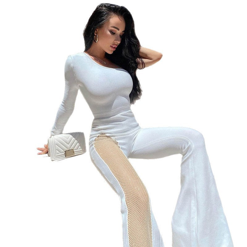 Women's Form-Fitting Jumpsuit with Asymmetric Neckline and Mesh Inserts