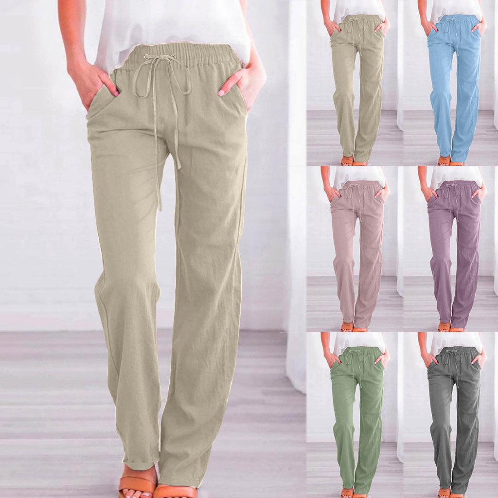 Women's Comfortable Linen Pants with Elastic Waist and Pockets