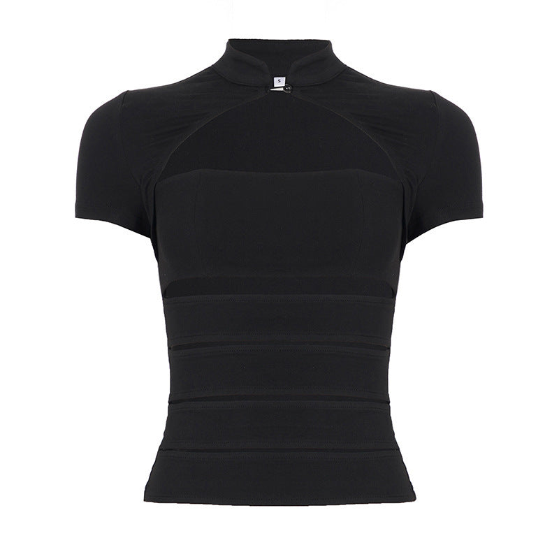 Women's Cropped Blouse Shirt in Durable Stretch Material with Elegant Stand-Up Collar
