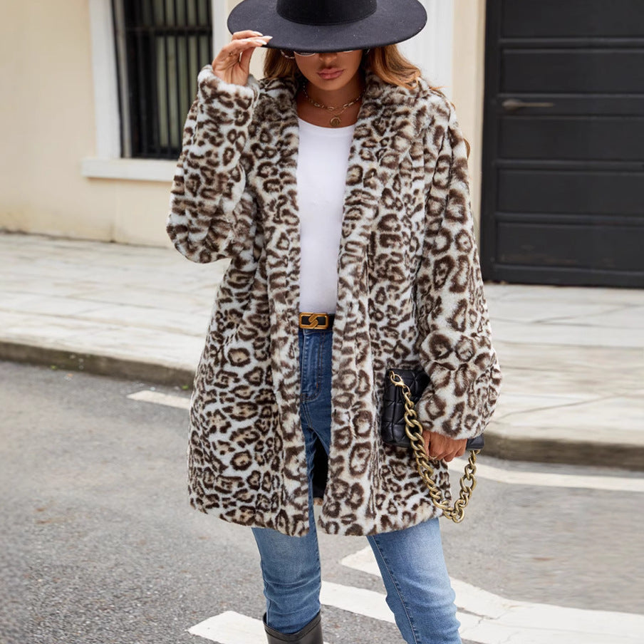 Elegant Leopard Print Faux Fur Coat
