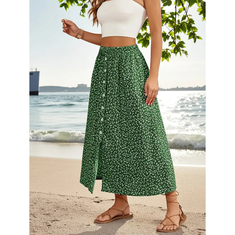 Women's Maxi Skirt with Floral Design and Button Details