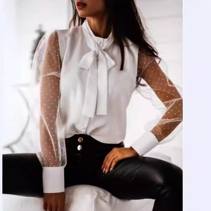 Women's Blouse with Sheer Puff Sleeves and Delicate Bow Detail