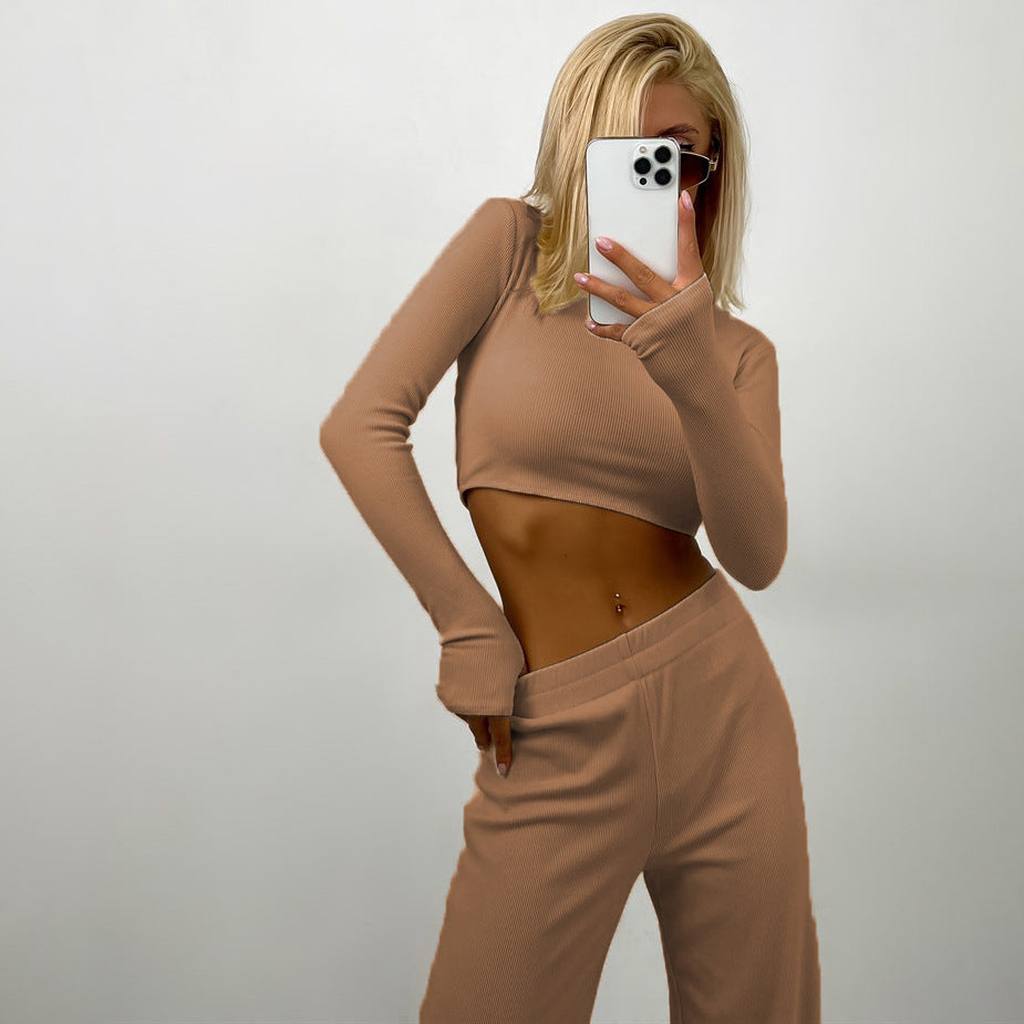 Women's Ribbed Cropped Longsleeve with Wide High-Waist Lounge Pants Set