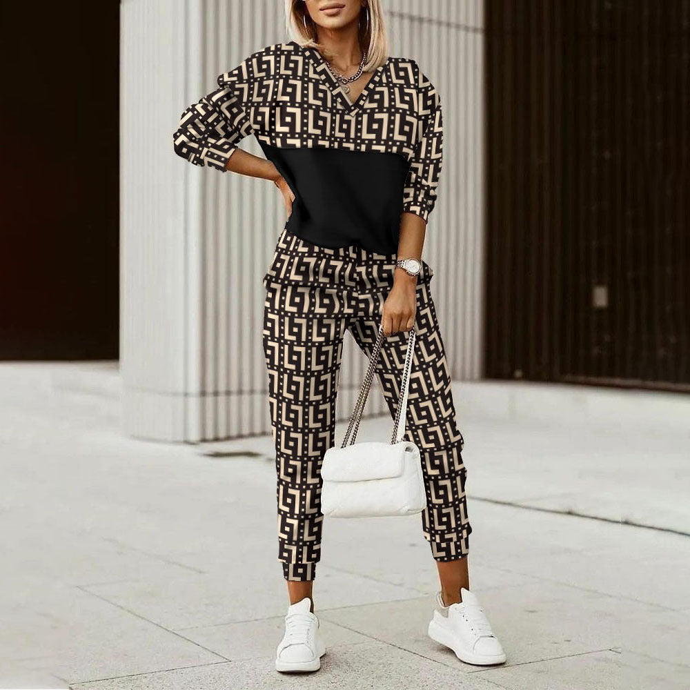 Women's Two-Piece Set with Printed Top and Tailored Trousers