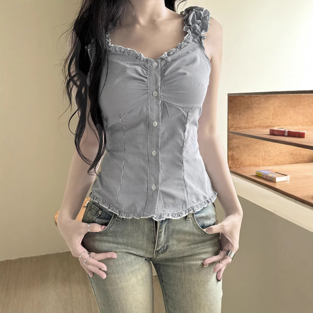 Women's Striped Blouse with Ruffle Details