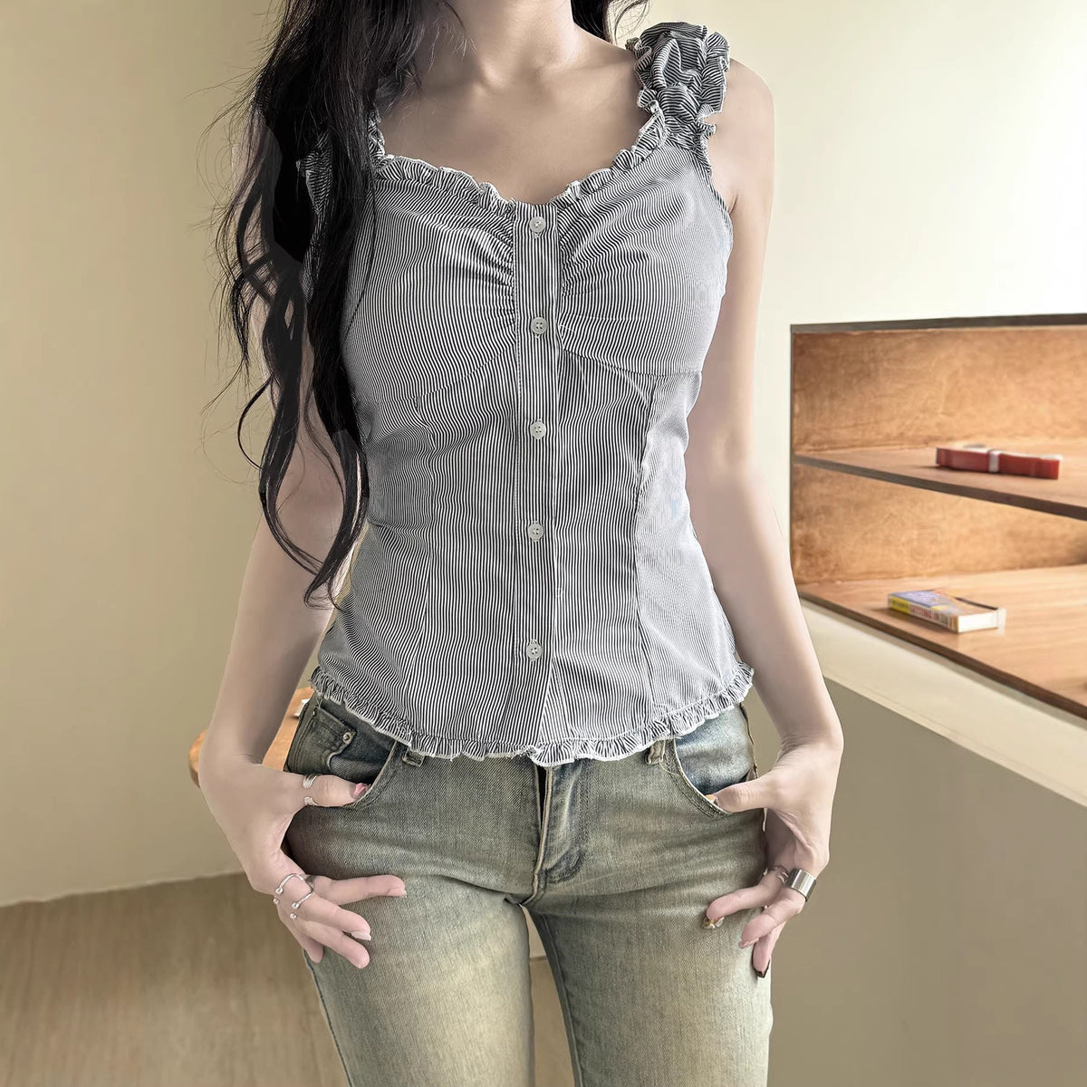 Women's Striped Blouse with Ruffle Details