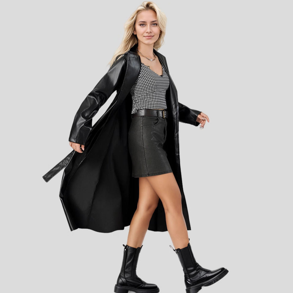 Elegant Women's Faux Leather Trench Coat