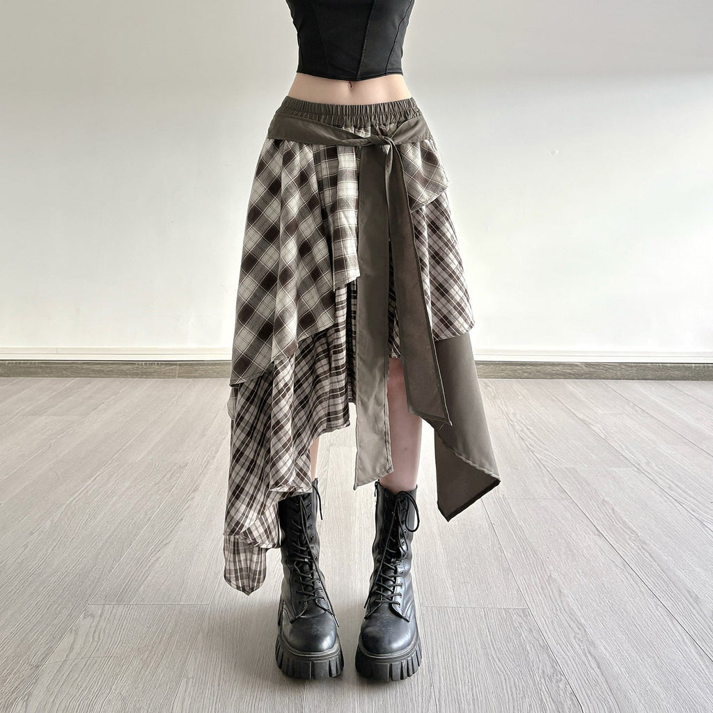 Women's Asymmetric Wrap Skirt with Plaid Pattern and Wide Tie Belt