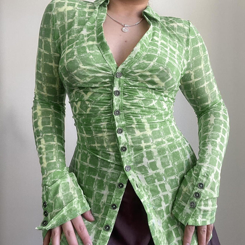 Women's Fitted Blouse with Ruffle Design and Button Closure