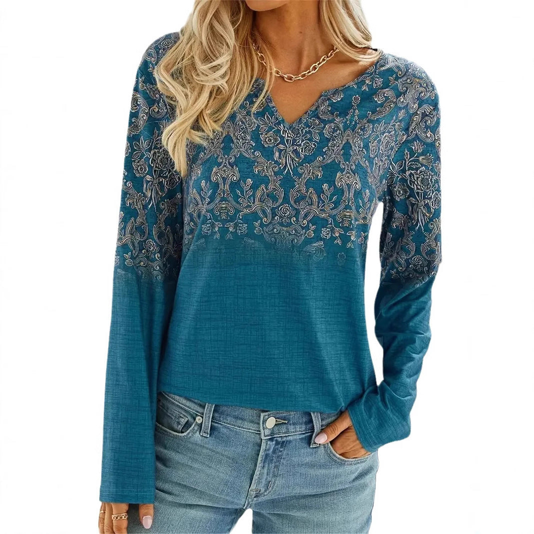 Women's Long Sleeve Blouse with Floral Design and Embroidery