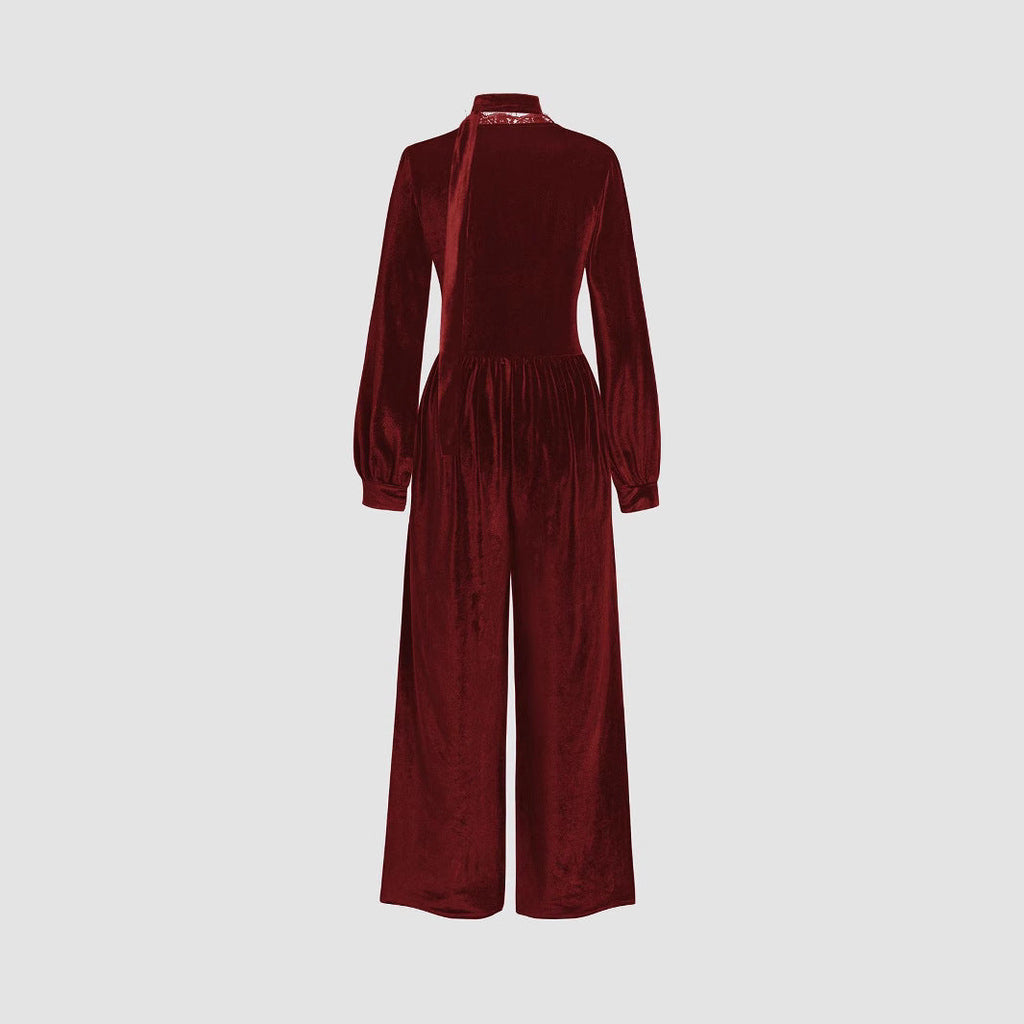 Women's Elegant Velvet Jumpsuit with Collar and Wide Leg