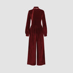 Women's Elegant Velvet Jumpsuit with Collar and Wide Leg