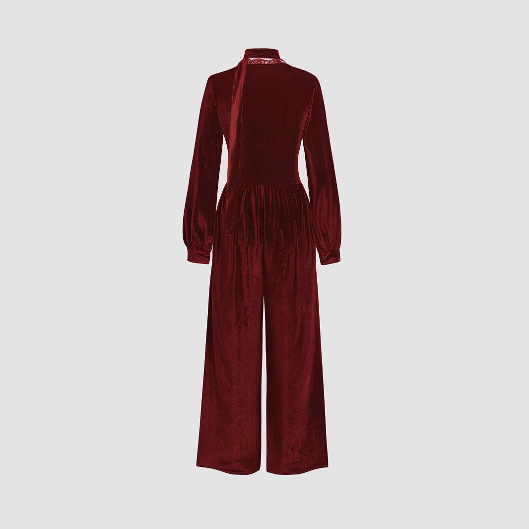 Women's Elegant Velvet Jumpsuit with Collar and Wide Leg