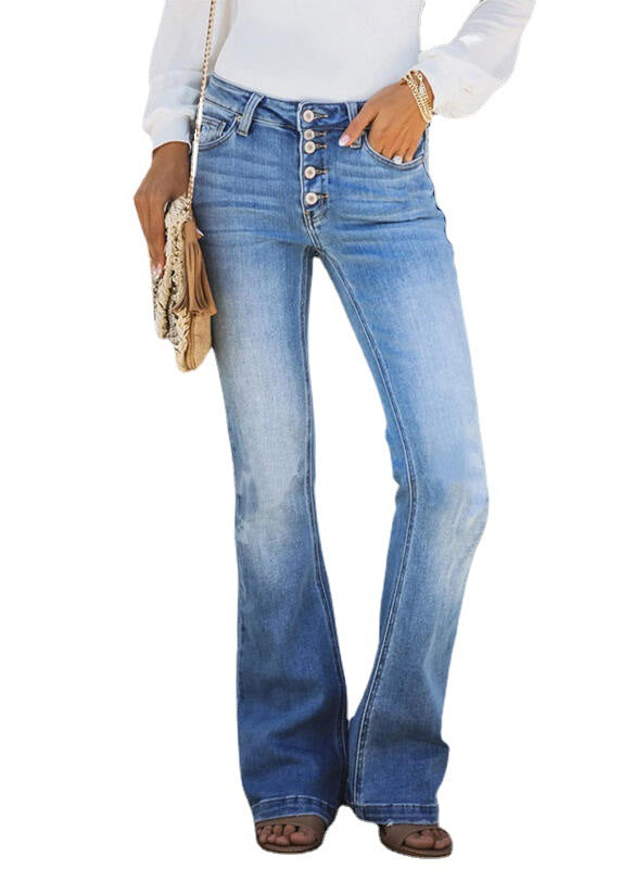 Women's High-Waisted Flared Jeans with Button Details
