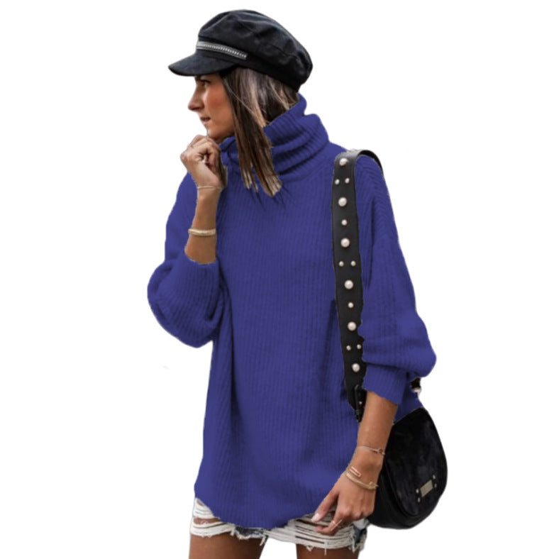 Women's Chunky Knit Sweater with High Collar and Casual Fit