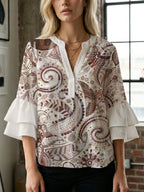 Women's Blouse with Voluminous Ruffle Sleeves and Floral Design