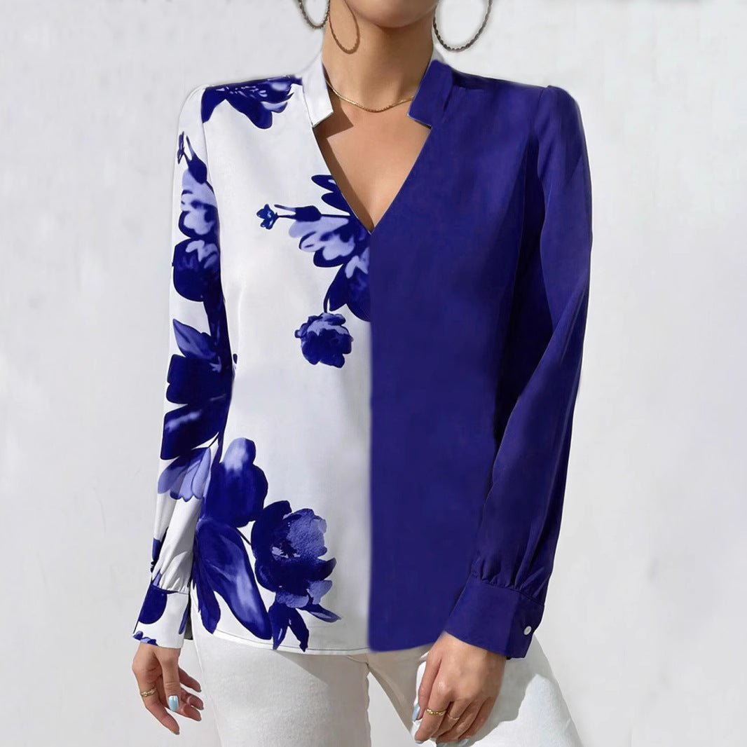 Women's Blouse with Unique Floral Pattern and Elegant V-Neck