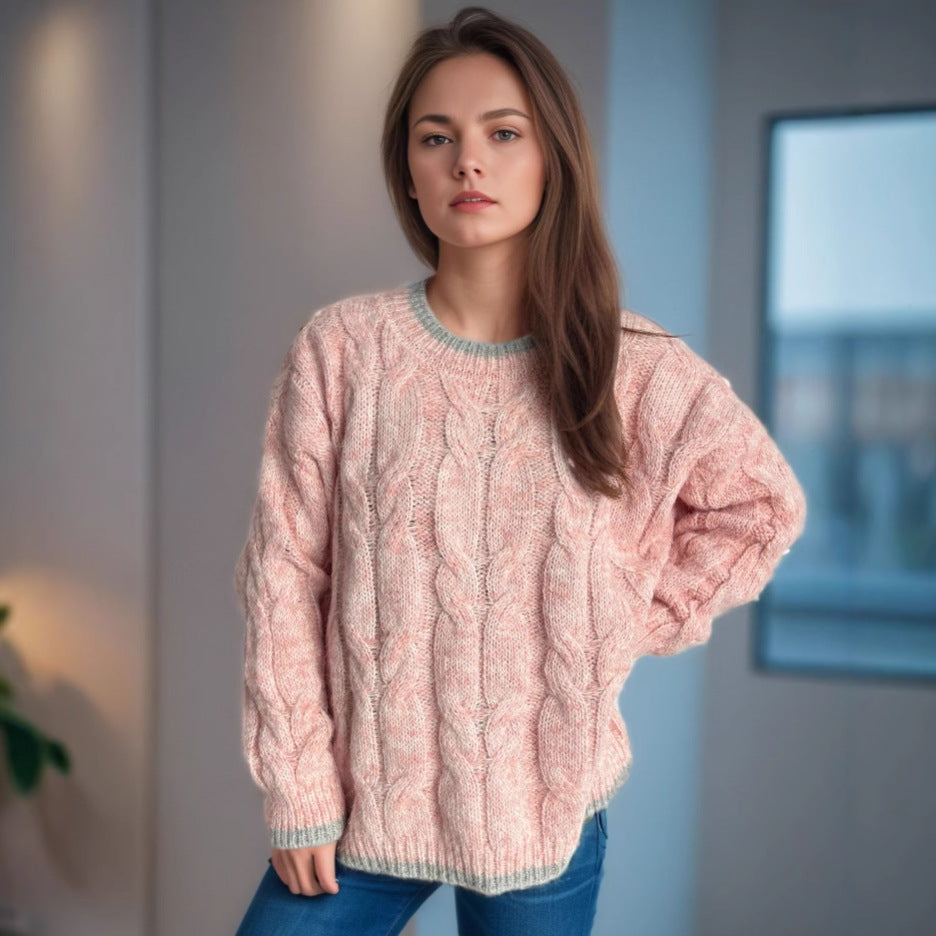 Women's Chunky Knit Sweater with Unique Cable Pattern and Relaxed Fit