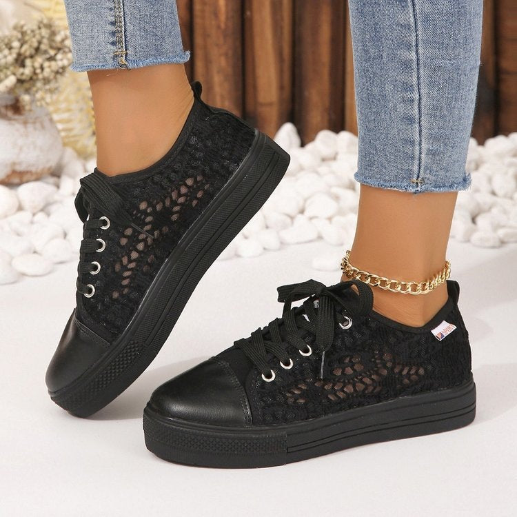 Women's Breathable Lace-Up Sneakers with Decorative Crochet Look