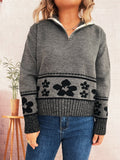 Women's Chunky Knit Sweater with Floral Patterns and Practical Half-Sleeves