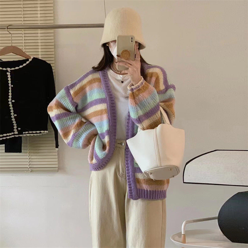 Women's Cozy Cardigan with Colorful Stripe Pattern and Wide Cut