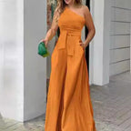 Elegant One-Shoulder Jumpsuit with Wide Leg and Waist Belt