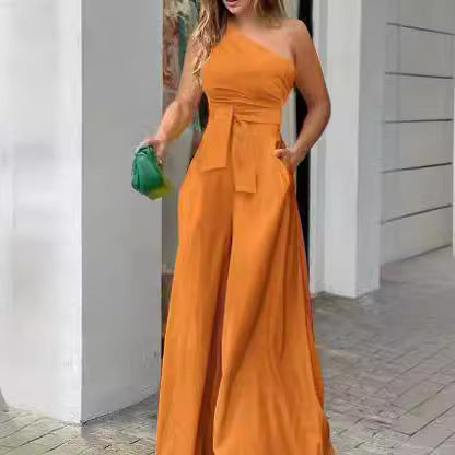 Elegant One-Shoulder Jumpsuit with Wide Leg and Waist Belt