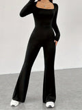 Women's Long-Sleeve Jumpsuit with Square Neck and Wide Leg