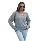 Women's Casual Knit Sweater with V-Neck and Cross Details