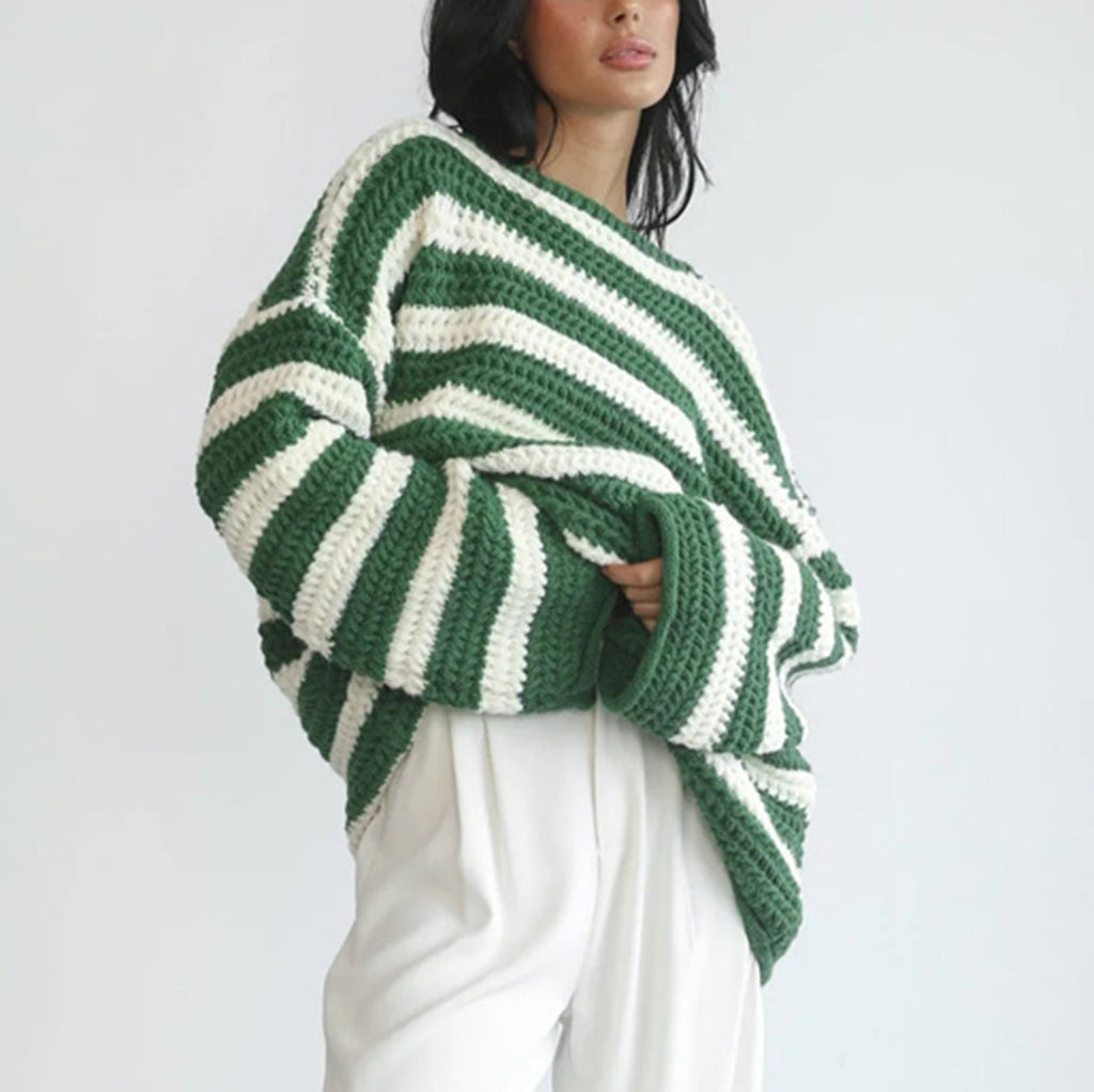 Women's Striped Chunky Knit Sweater with Casual Fit and Wide Sleeves
