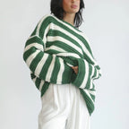 Women's Striped Chunky Knit Sweater with Casual Fit and Wide Sleeves
