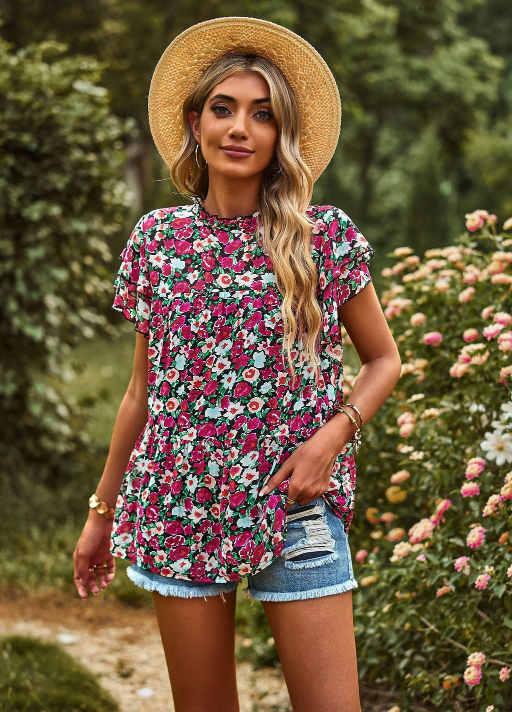 Women's Blouse with Ruffle Sleeves and Pattern
