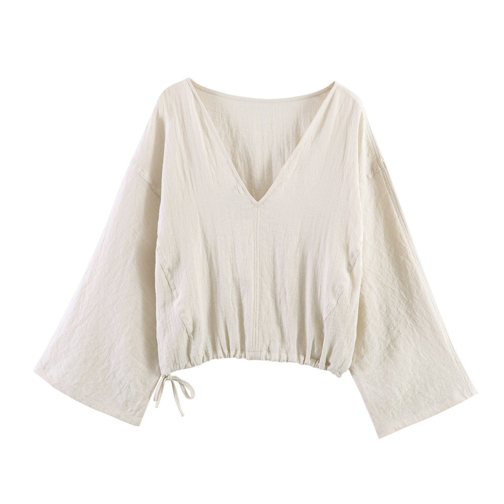 Casual Blouse with Wide V-Neck and Elastic Hem