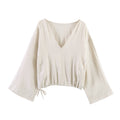 Casual Blouse with Wide V-Neck and Elastic Hem
