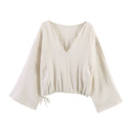 Casual Blouse with Wide V-Neck and Elastic Hem