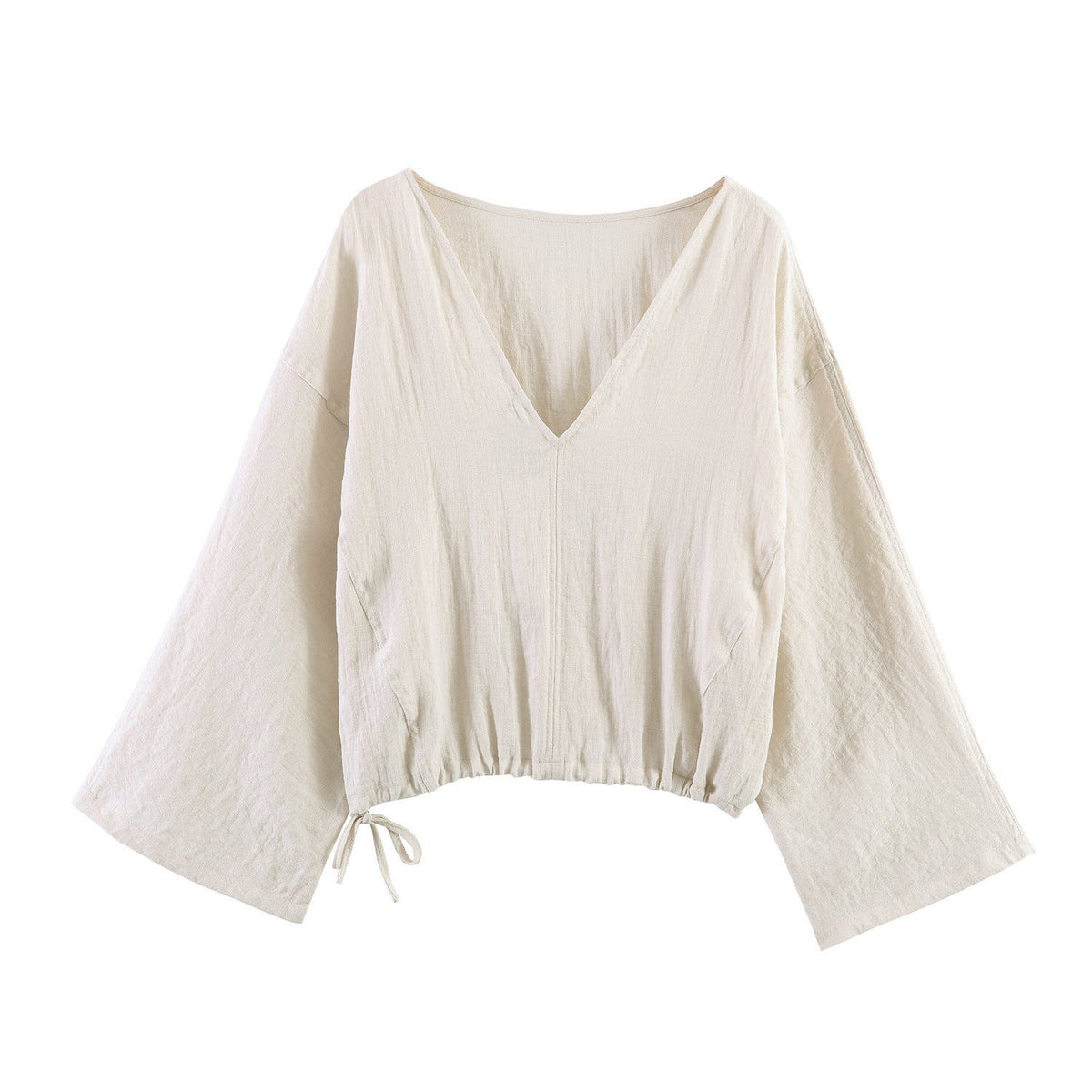 Casual Blouse with Wide V-Neck and Elastic Hem