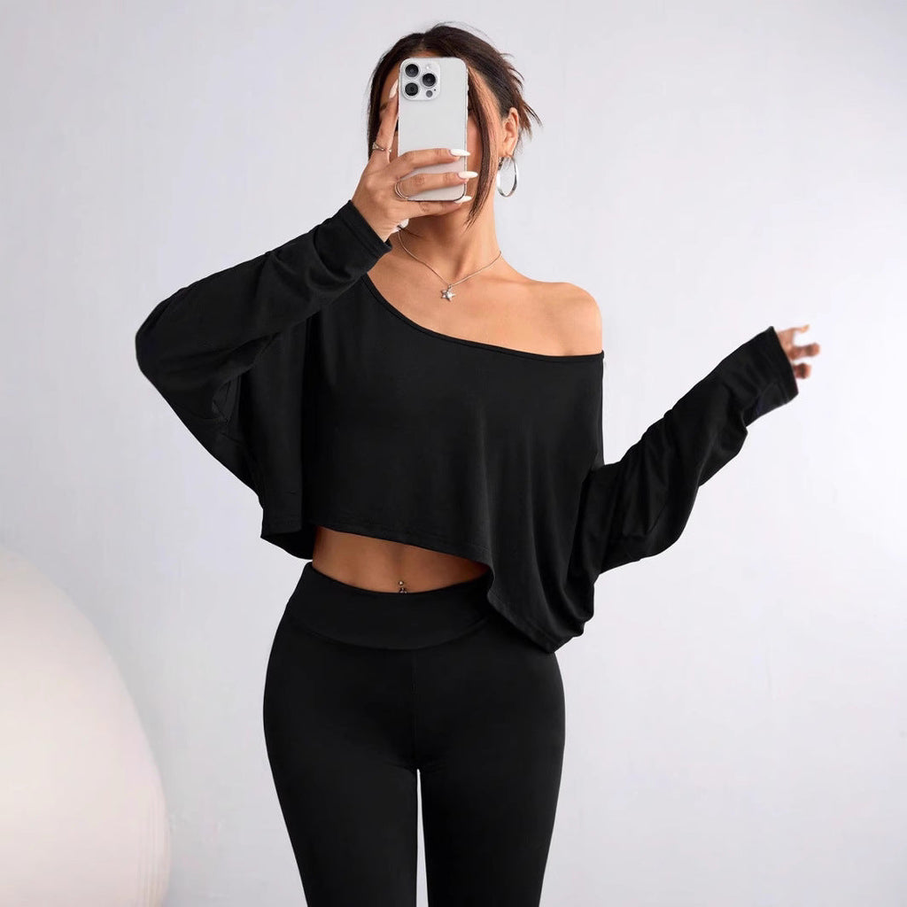 Women's Casual Oversized Long-Sleeve Shirt with Asymmetric Hem and Boat Neck