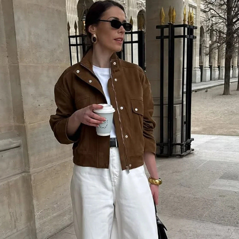 Elegant Faux Leather Jacket with Modern Stand-Up Collar