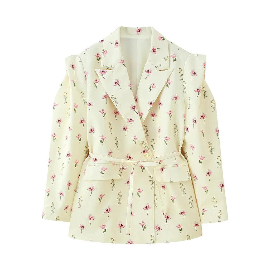 Women's Elegant Oversized Blazer Jacket with Belt and Shoulder Pads