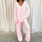 Women Comfortable Fleece Loungewear Set with V-Neck