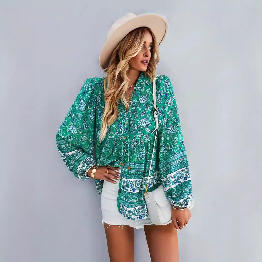 Women's Floral Blouse Top with Volant Sleeves