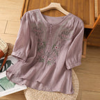 Women's Blouse Shirt with Floral Embroidery and Button-Up Neckline