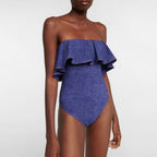 Women's Bandeau Swimsuit with Bows and Striped Maxi Skirt