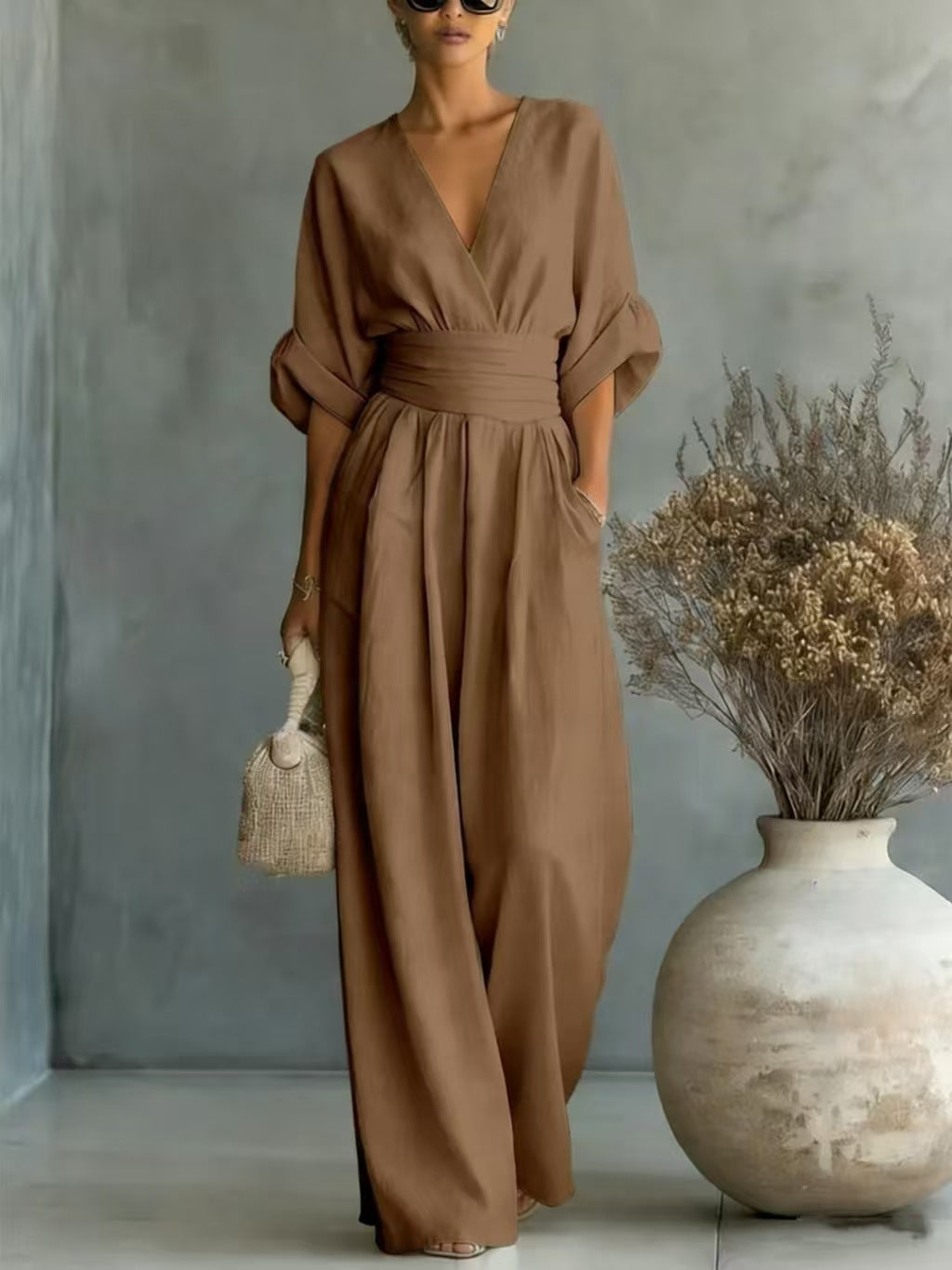 Women's Jumpsuit with Elegant V-Neck and Wide Leg