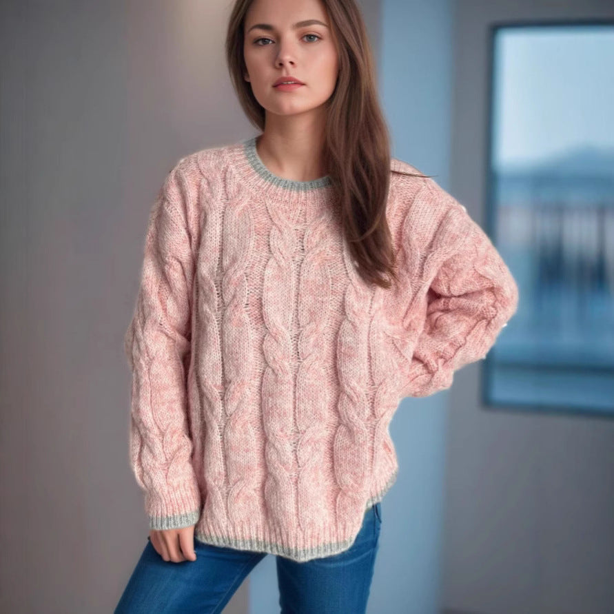 Women's Chunky Knit Sweater with Unique Cable Pattern and Relaxed Fit