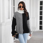 Women's Chunky Knit High-Neck Colorblock Sweater