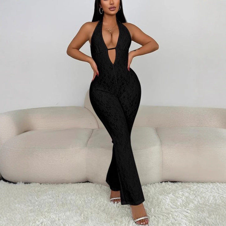 Elegant Jumpsuit with Deep V-Neck and Lace Details